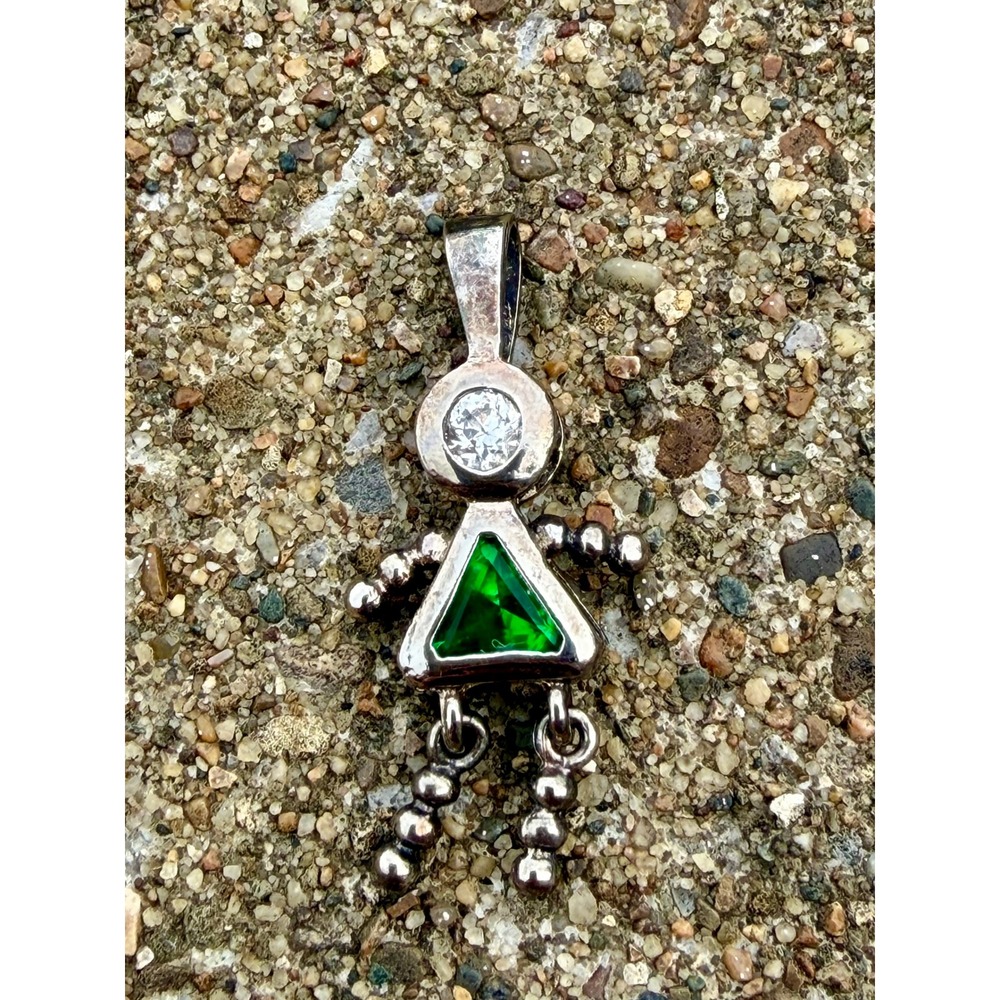 Sterling‎ Silver Articulated Girl Pendant Green Trillion Clear CZ 925 Charm